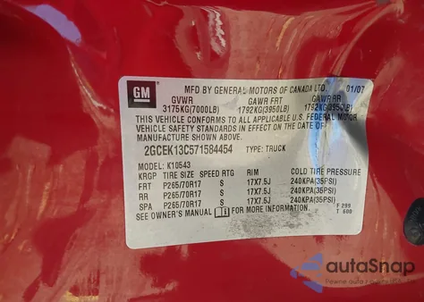 2007 Chevrolet Silverado 1500 Lt1 from USA, damaged, VIN 2GCEK13C571584454